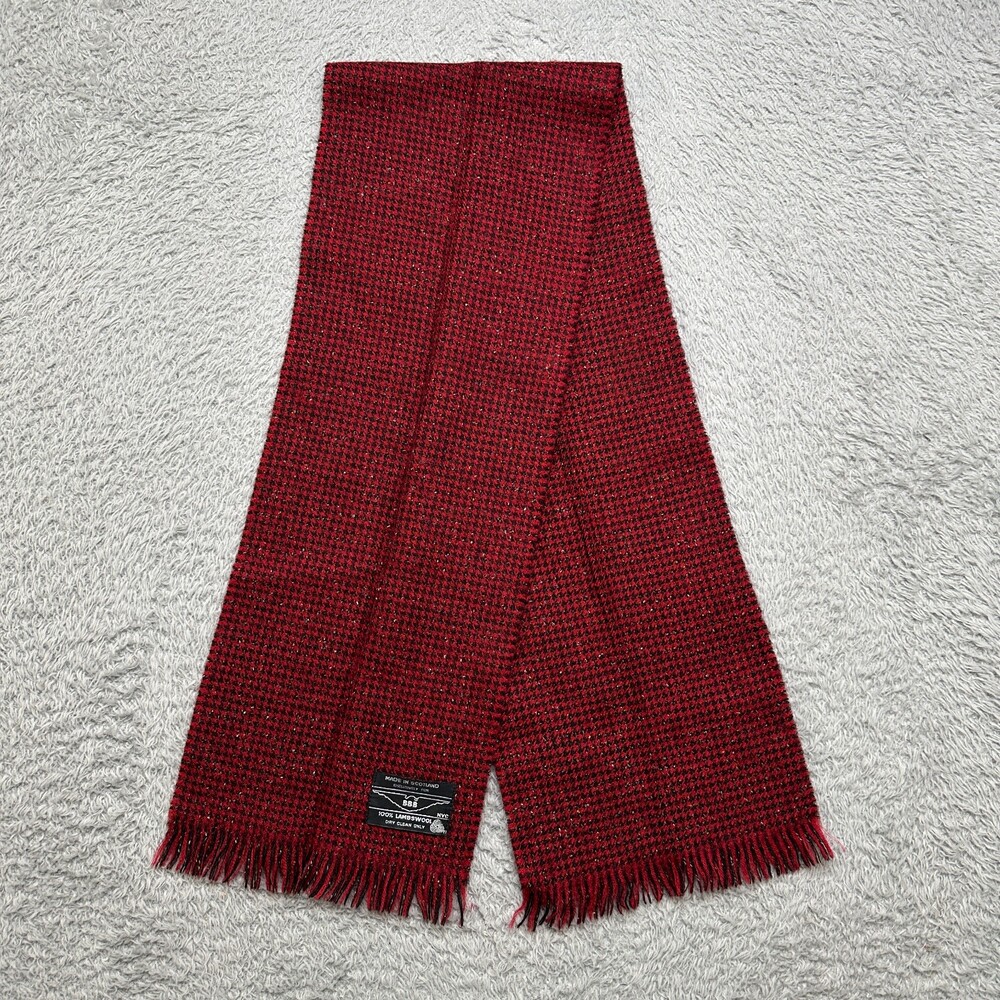 Vintage 100% Lambswool Scarf Red Black Houndstooth Made in Scotland BBB NYC